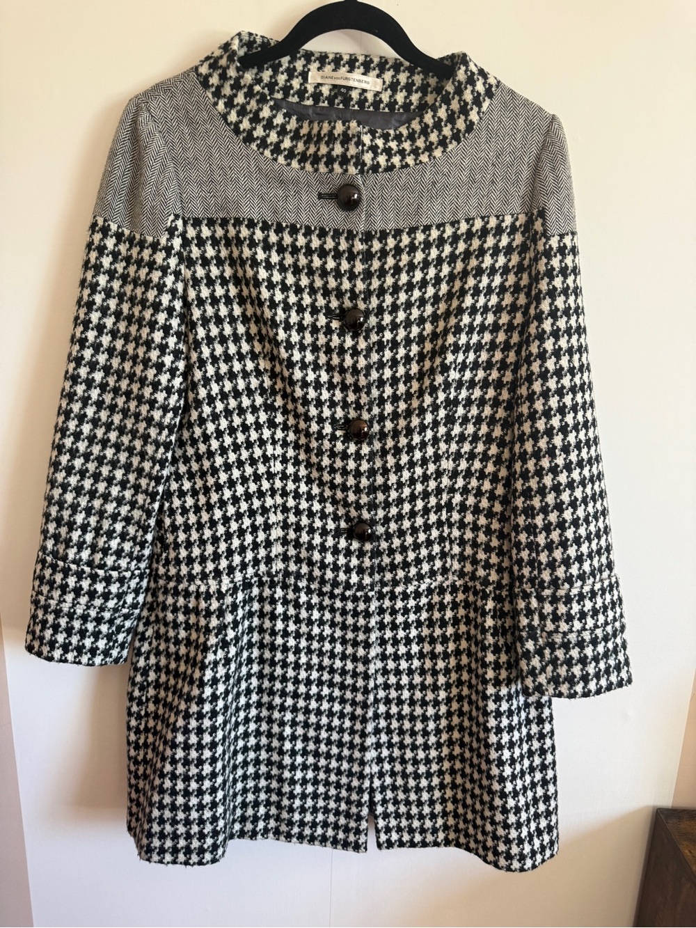 DVF Diane Von Furstenberg Wool Houndstooth Swing Coat Jacket Size 40